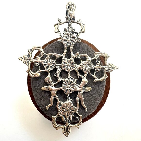 Jewelry - VTG Solid Sterling Silver 925 Filigree Flower Cross Pendant Size 3" Length